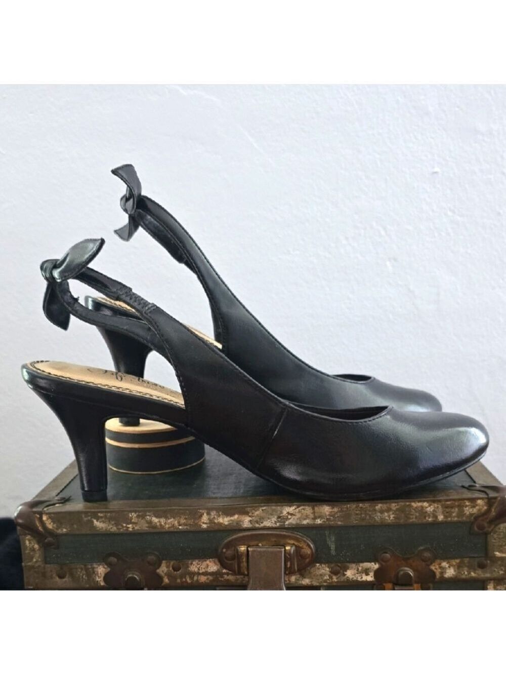 Parisian Black Bow Sling back Round Toe Vegan Leather Low Kitten Heel